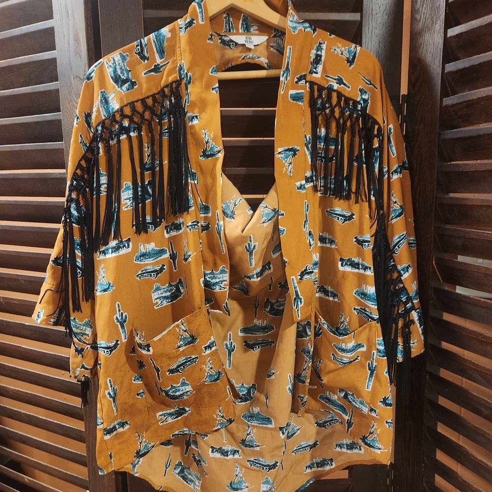 Viva Vena Mustard Cactus Print Blouse with Fringe 2BB
